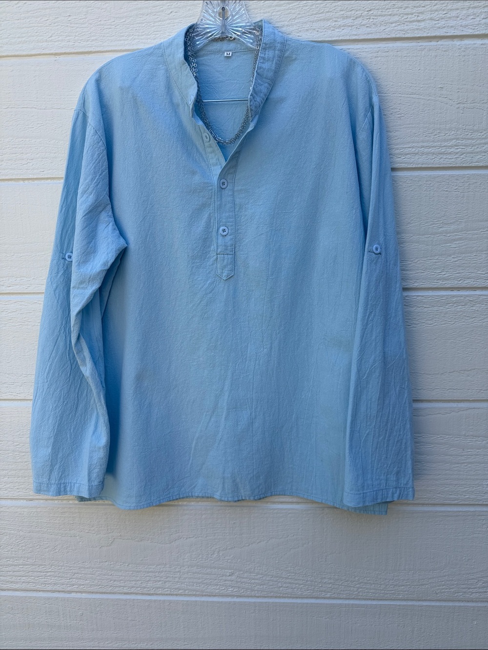 Light Blue Woman’s or Mens Long-Sleeve Henley Shirt.